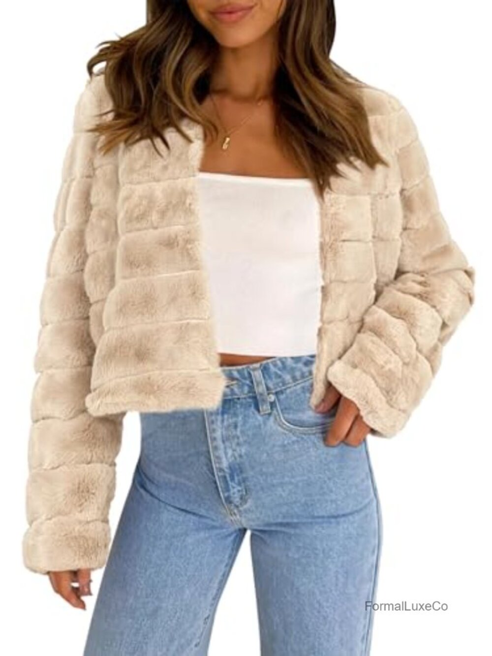 Faux Fur Jacket Long Sleeve Cropped Fluffy Winter Coat Women's